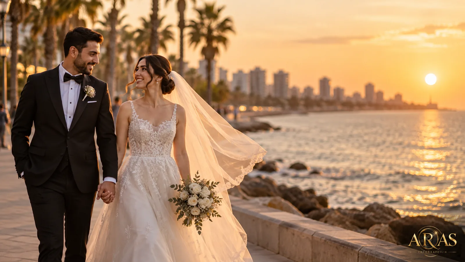 Mersin sahilinde gün batımında el ele yürüyen gelin ve damat