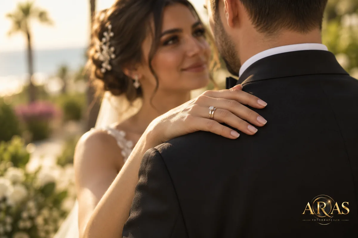 Gelinin damadın omzuna sarıldığı romantik düğün pozu
