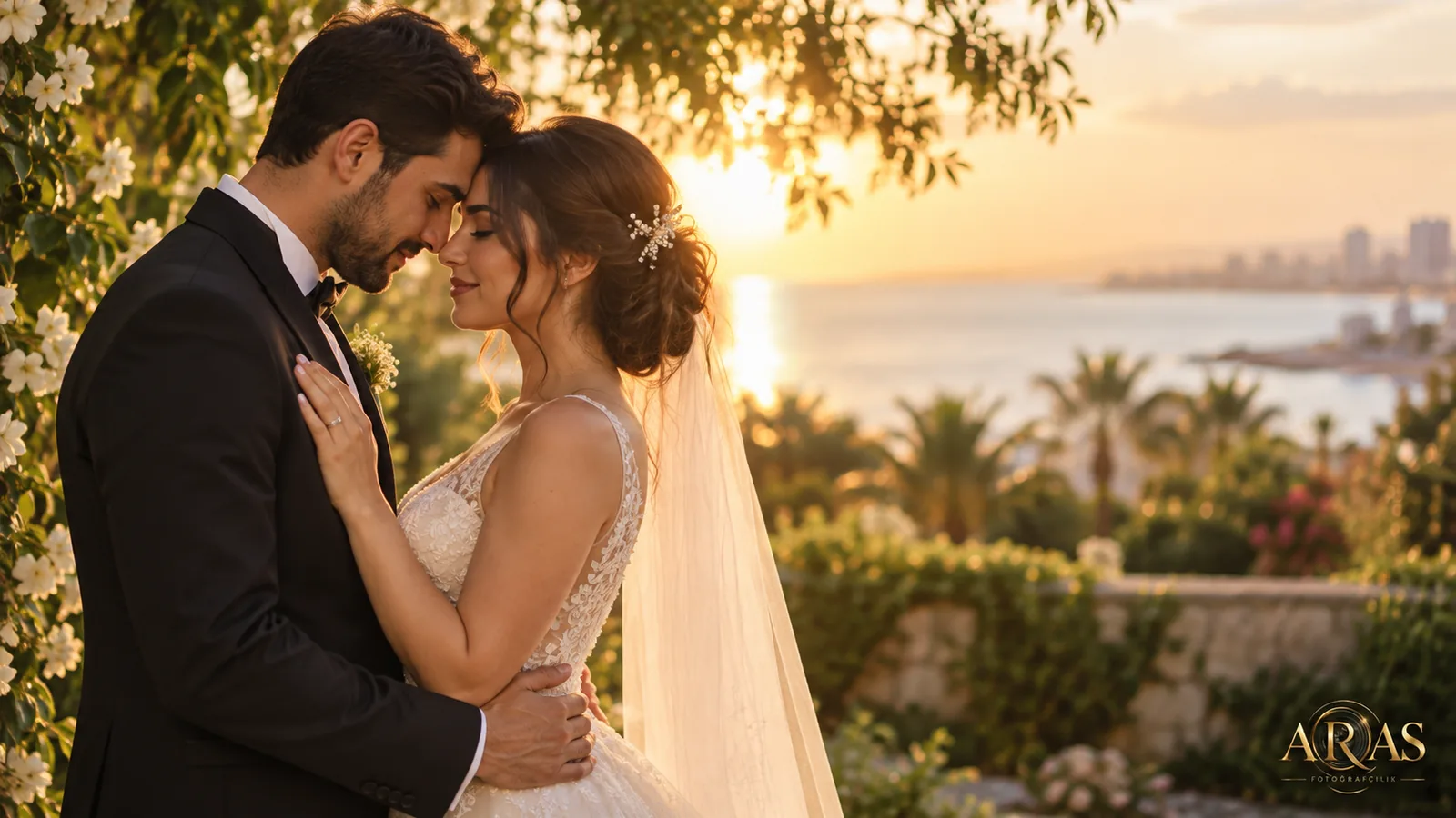 Alınları birbirine değen gelin ve damat, düğün pozu