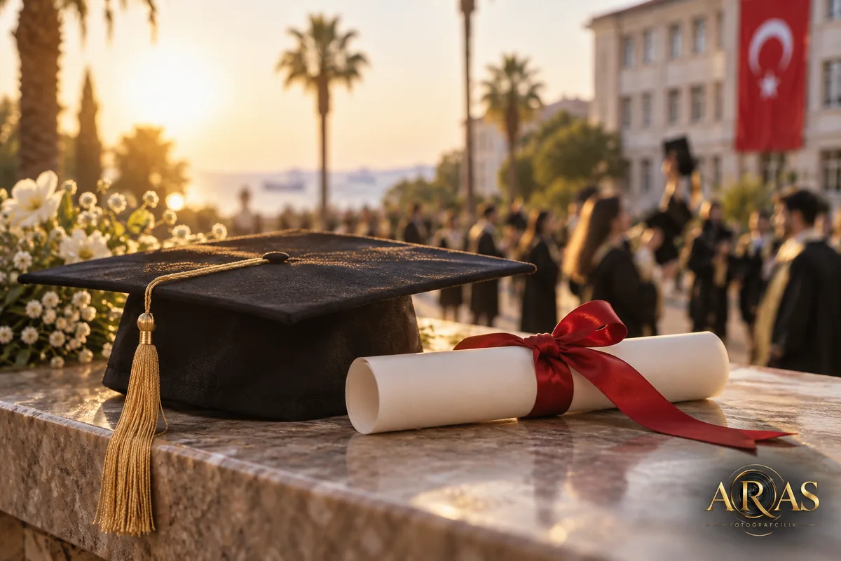 Mezuniyet kepi ve diploma, arka planda mezuniyet töreni