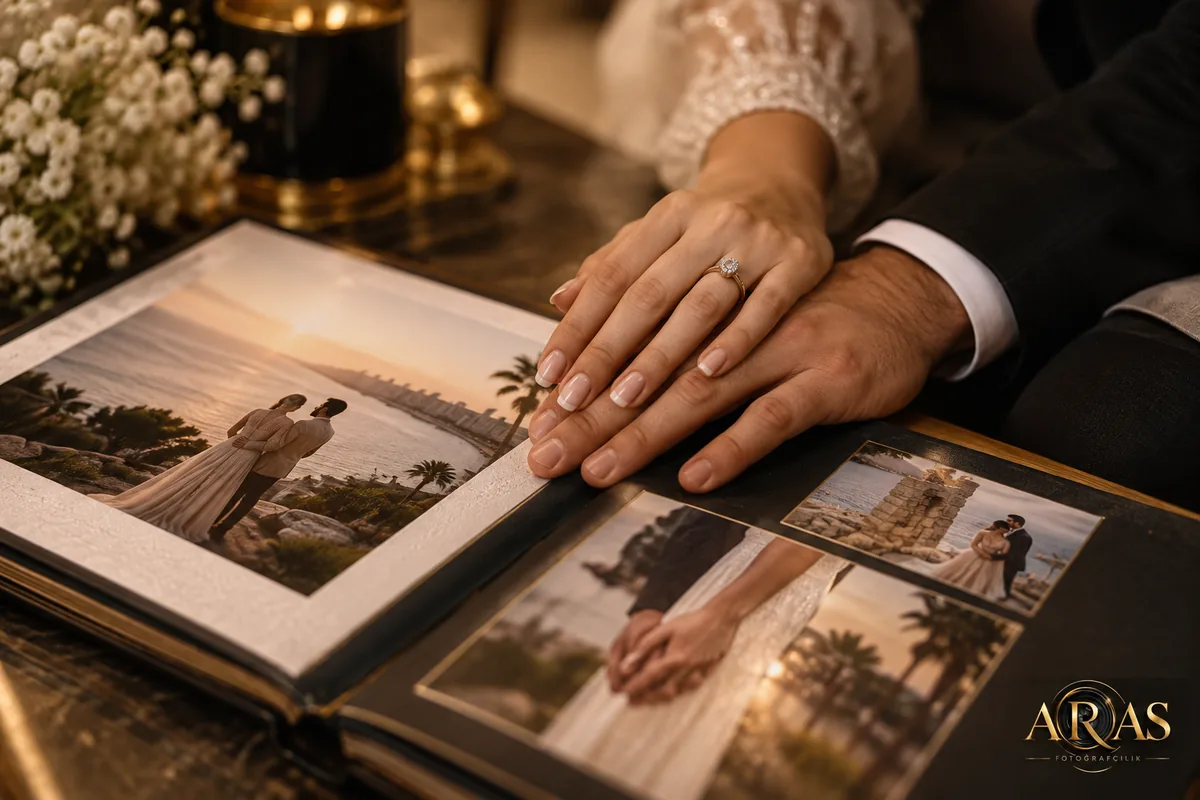 Nişan fotoğraflarının yer aldığı albümü inceleyen çiftin elleri